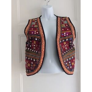 Maison Hotel Embroidered Mirror Vest Small Black Multi Cotton Boho Crop Top
